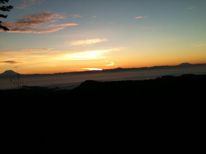 Mount Rainier, Mount Adams, Mount Saint Helens.  Well worth getting up early and riding in the moonlight for awhile to have this view all to myself!